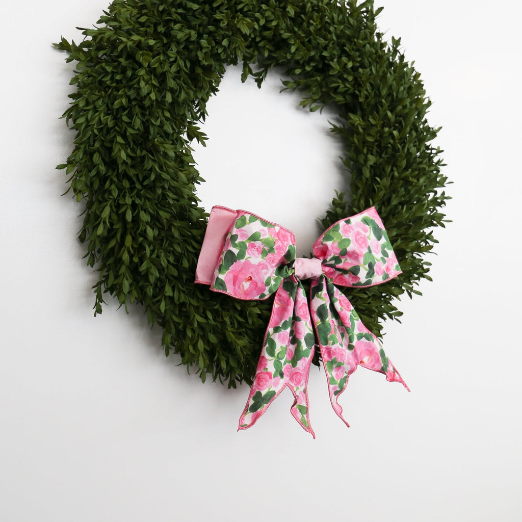 12" Linen Bow Pink Roses, Pink, White, and Green