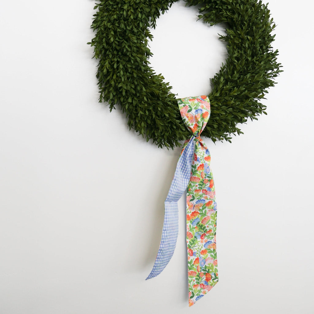 Mixed Spring Floral Wreath Sash w/ Blue Gingham Back