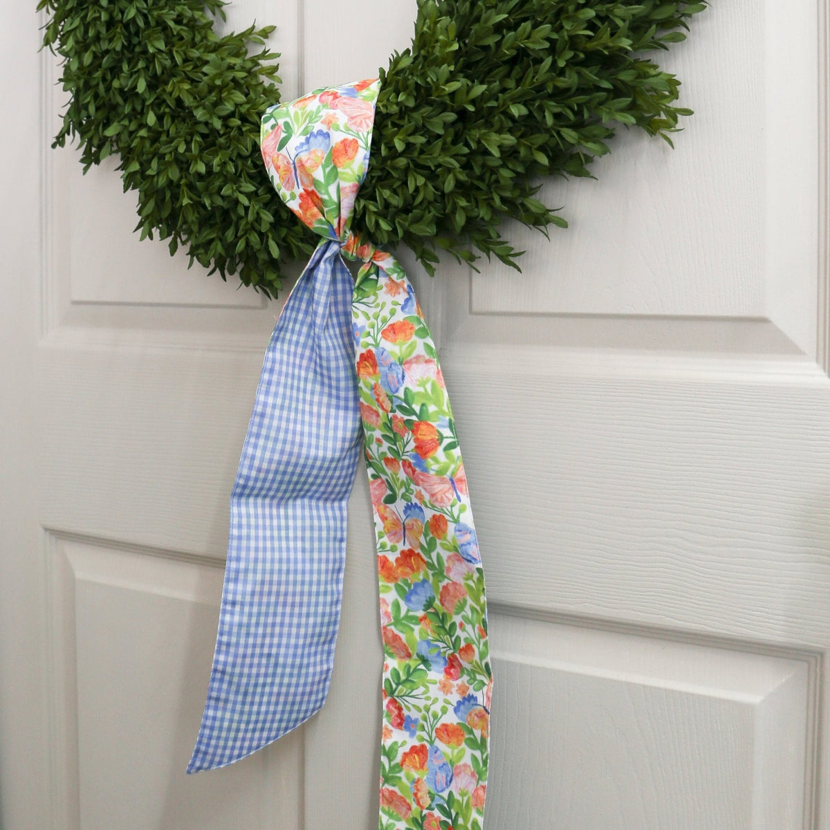 Mixed Spring Floral Wreath Sash w/ Blue Gingham Back