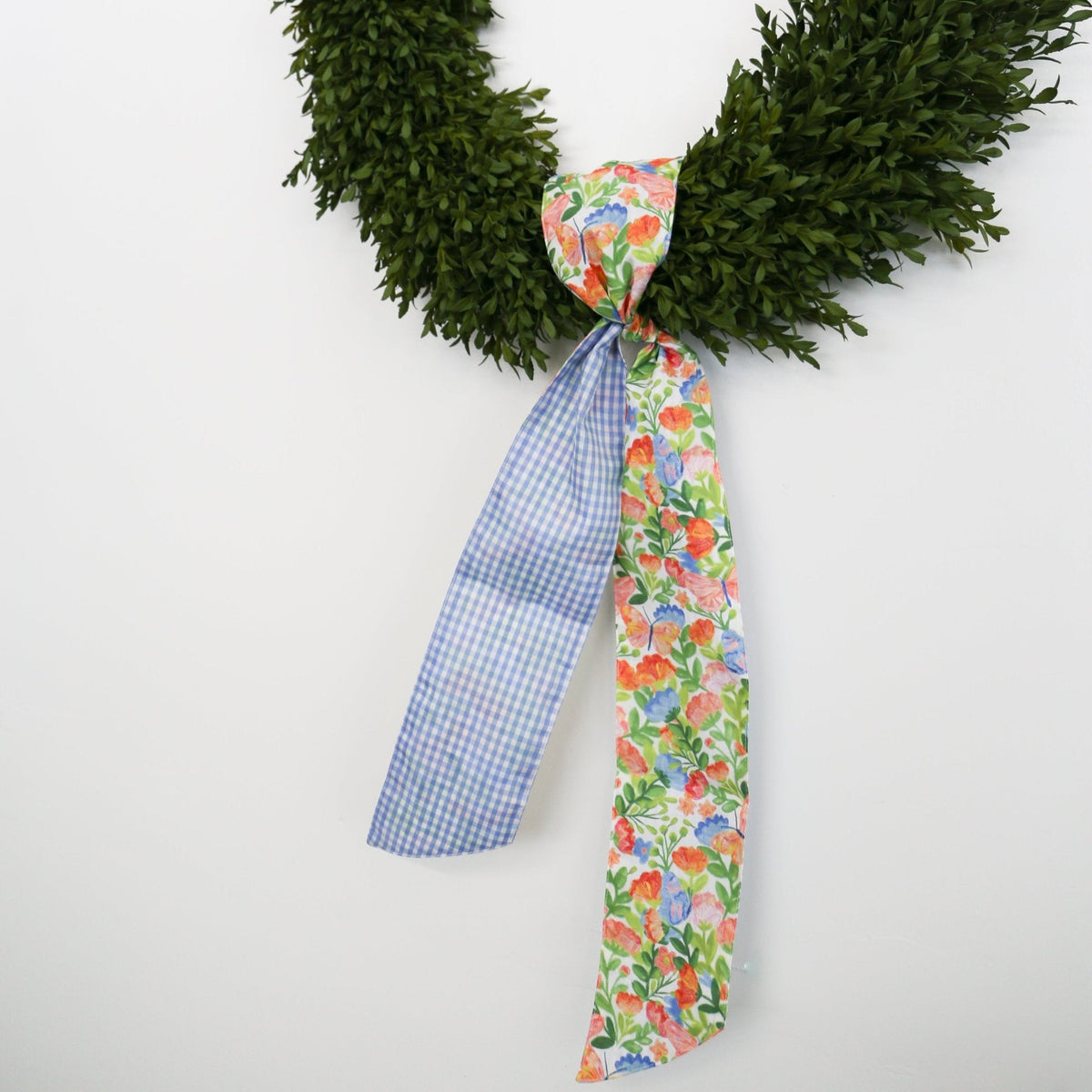 Mixed Spring Floral Wreath Sash w/ Blue Gingham Back