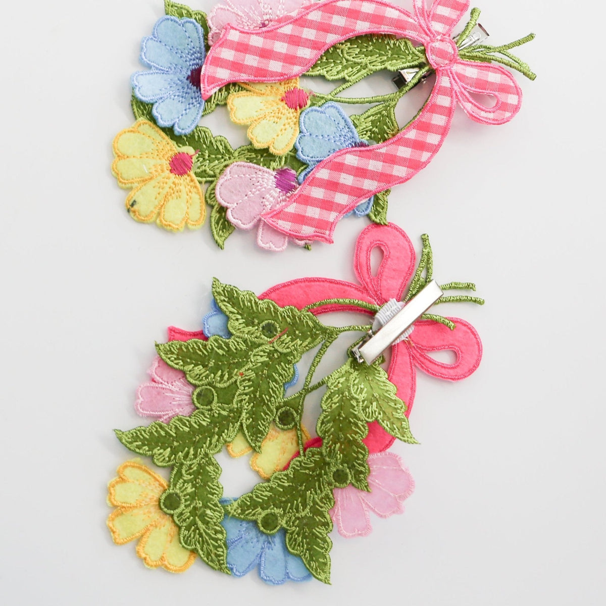 6" Daisy Cutout Gingham Pink Bow With Clip, Yellow, Pink, and Blue