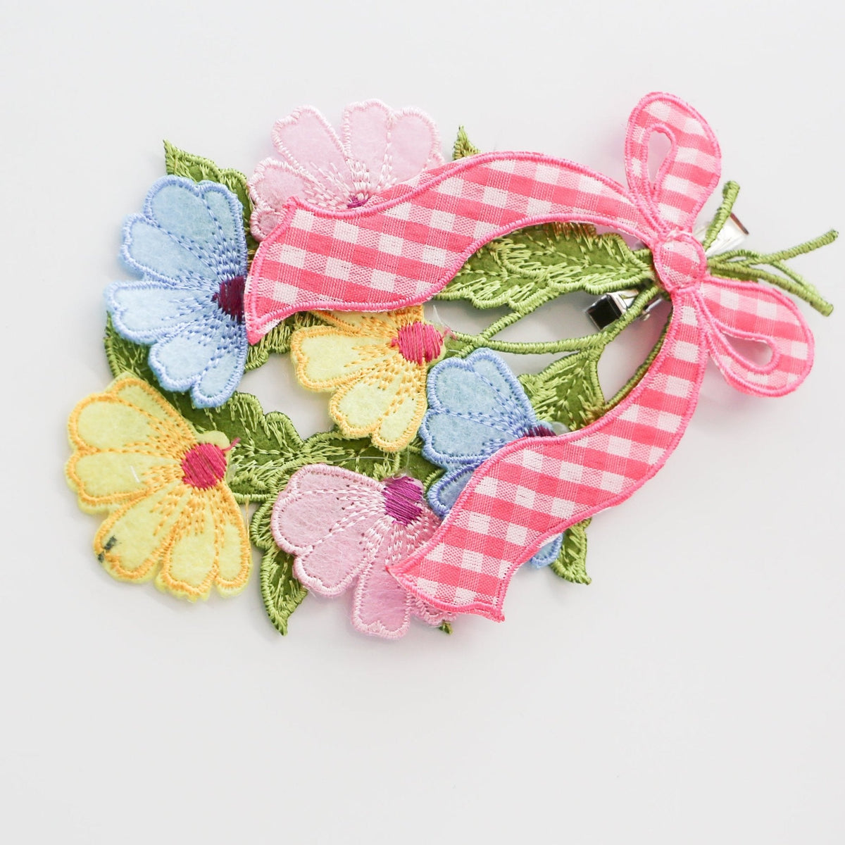 6" Daisy Cutout Gingham Pink Bow With Clip, Yellow, Pink, and Blue